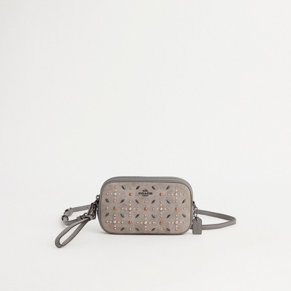 COACH®,Restored Sadie Crossbody Clutch With Prairie Rivets,Suede,Clutch,Metal,Studded,Logo,Sustainable,Gunmetal,Casual,Gray,Front View