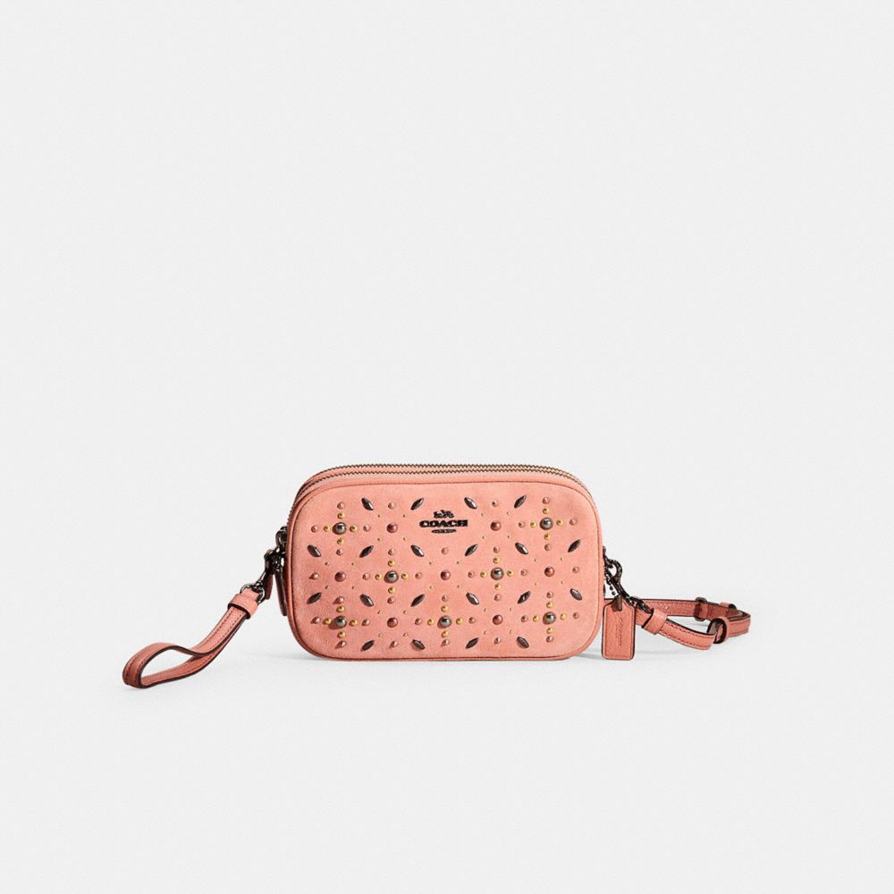 COACH®,Restored Sadie Crossbody Clutch With Prairie Rivets,Suede,Clutch,Metal,Studded,Logo,Sustainable,Gunmetal,Casual,Pink,Front View
