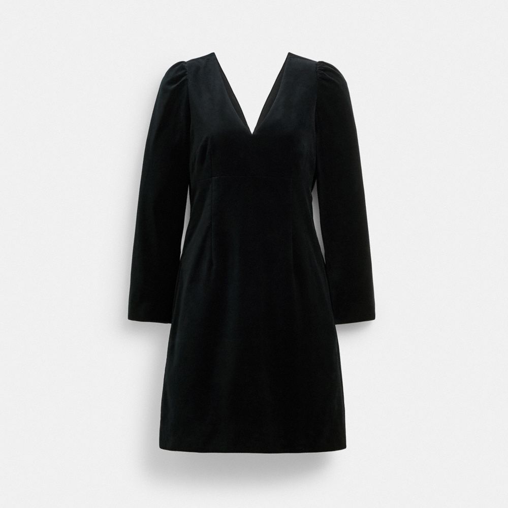 COACH®,Velvet Dress,Polyester,Silk,Cotton,Sheath,Bow,Cocktail,Black,Front View