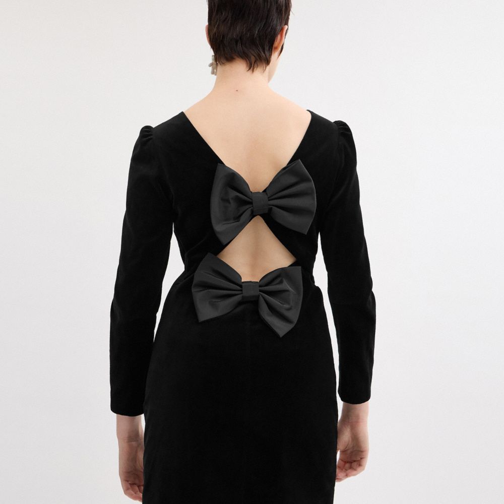 COACH®,Velvet Dress,Polyester,Silk,Cotton,Sheath,Bow,Cocktail,Black,Detail View