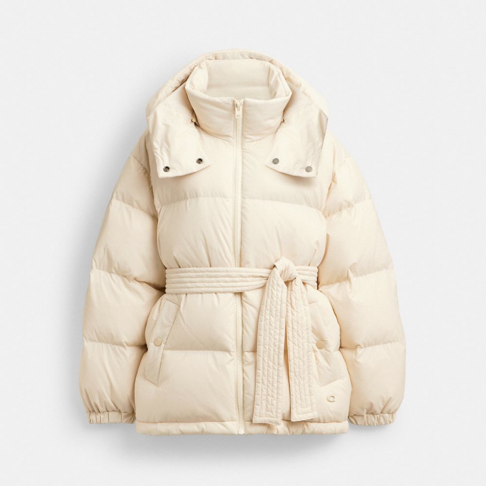 COACH®,Mid Length Belted Down Jacket In Recycled Polyamide,Polyamide,Puffer,Down,Quilted,Tie Belt,Eco-Friendly,Sustainable...,Cream,Front View