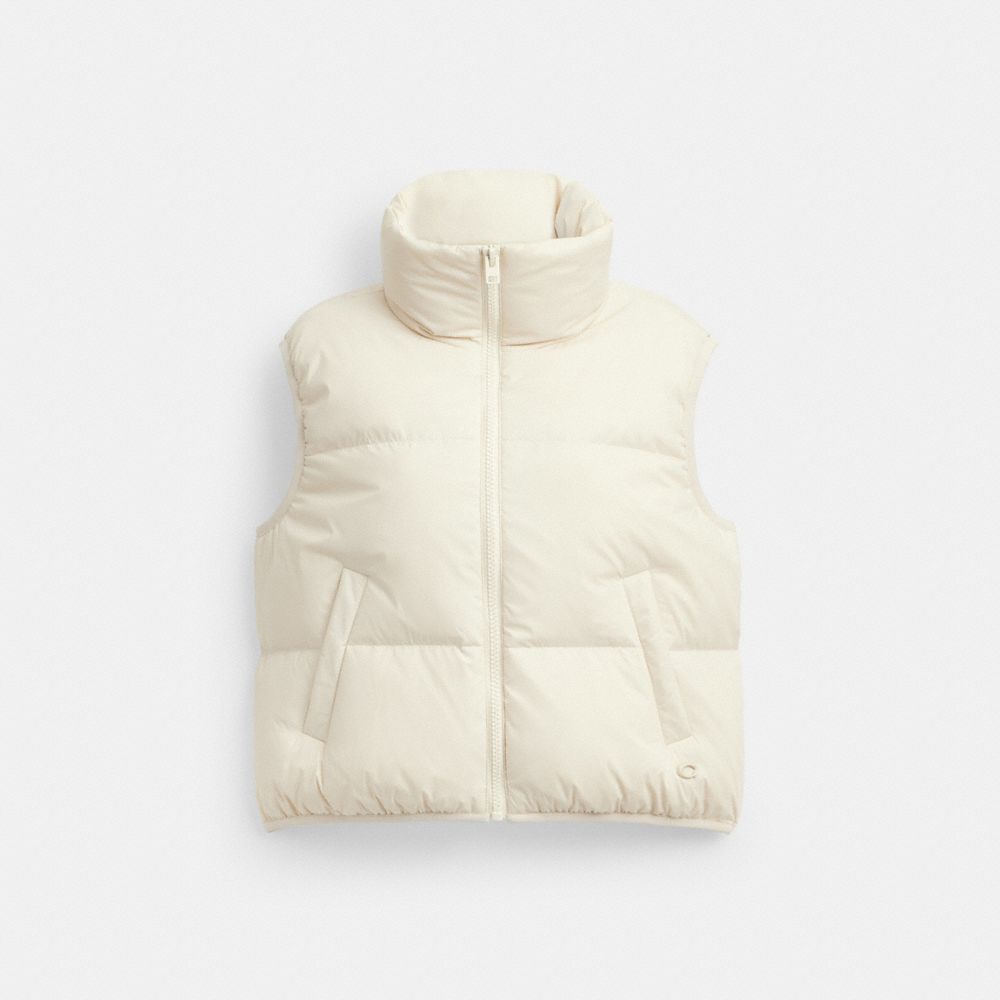COACH®,Puffer Vest In Recycled Polyamide,Vest,Quilted,Puffer,Logo,Sustainable,Down Insulation,Casual,Cream,Front View