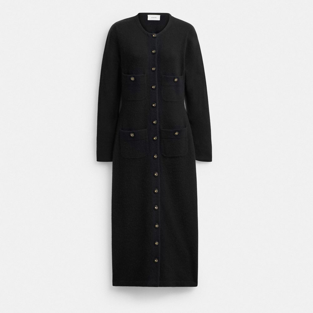 COACH®,Knit Cardigan Dress,Sweater Dress,Metal,Logo,Black,Front View