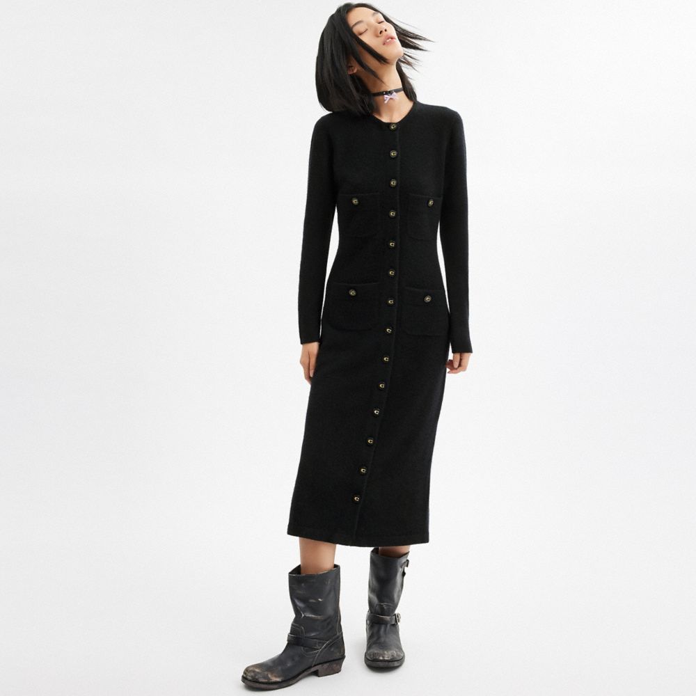 COACH®,Knit Cardigan Dress,Sweater Dress,Metal,Logo,Black,Scale View