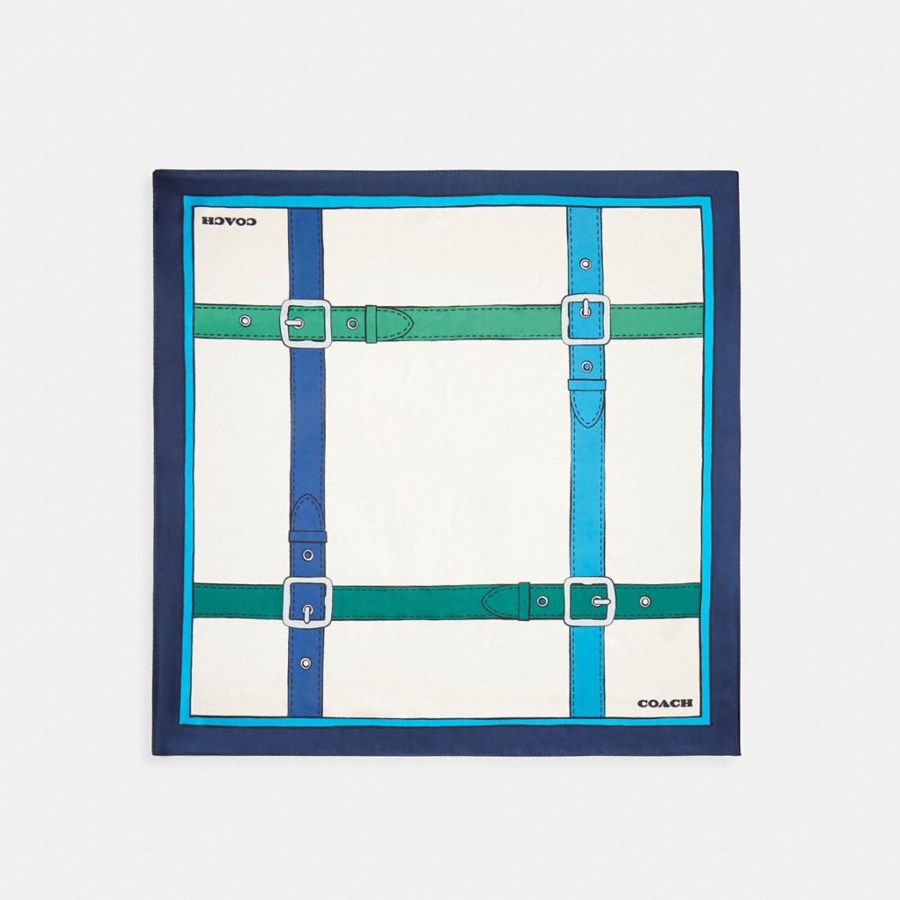 COACH®,Trompe L'oeil Belt Print Silk Square Scarf,Silk,Square,Logo,Word Embellishment,Stripe,Casual,Multi Color,Front View