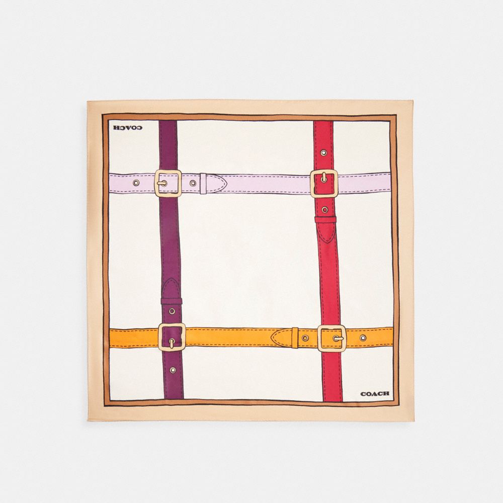 COACH®,Trompe L'oeil Belt Print Silk Square Scarf,Silk,Square,Logo,Word Embellishment,Stripe,Casual,White,Front View