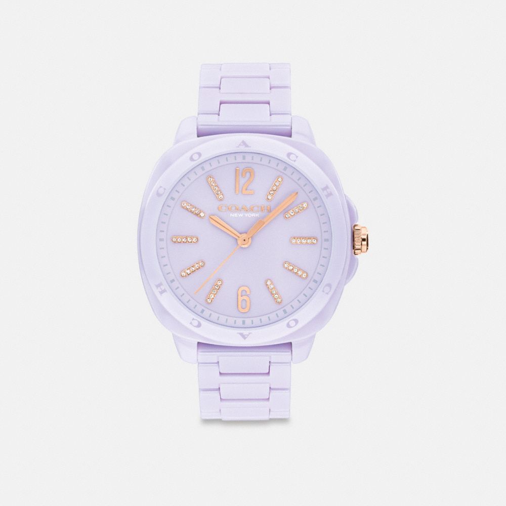 COACH®,Kitt Watch, 38 Mm,Analog,Crystal,Lacquer,Ceramic,Quartz,Logo,Word Embellishment,Water Resistant,Color Metal,Casual,Lavender,Front View