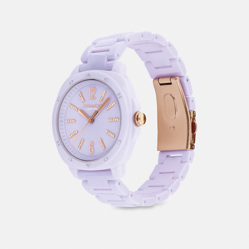 COACH®,Kitt Watch, 38 Mm,Analog,Crystal,Lacquer,Ceramic,Quartz,Logo,Word Embellishment,Water Resistant,Color Metal,Casual,Lavender,Angle View