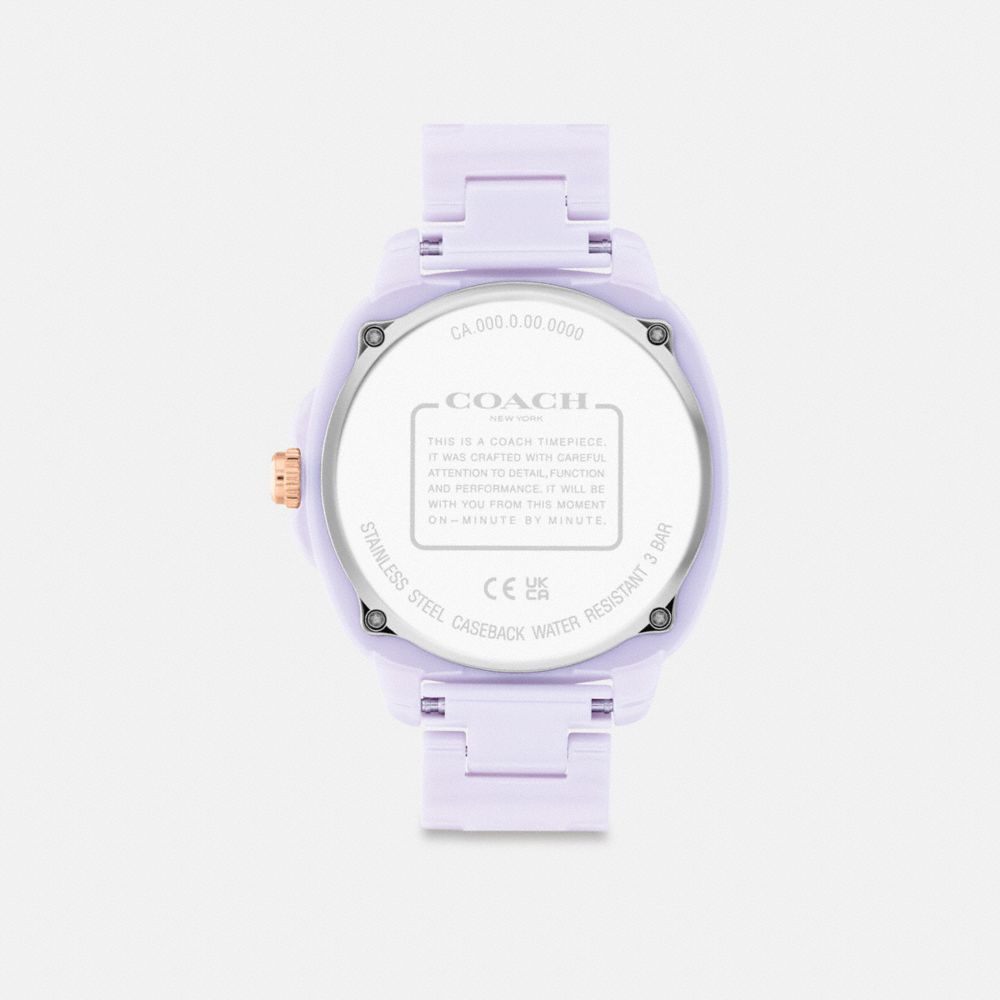 COACH®,Kitt Watch, 38 Mm,Analog,Crystal,Lacquer,Ceramic,Quartz,Logo,Word Embellishment,Water Resistant,Color Metal,Casual,Lavender,Back View
