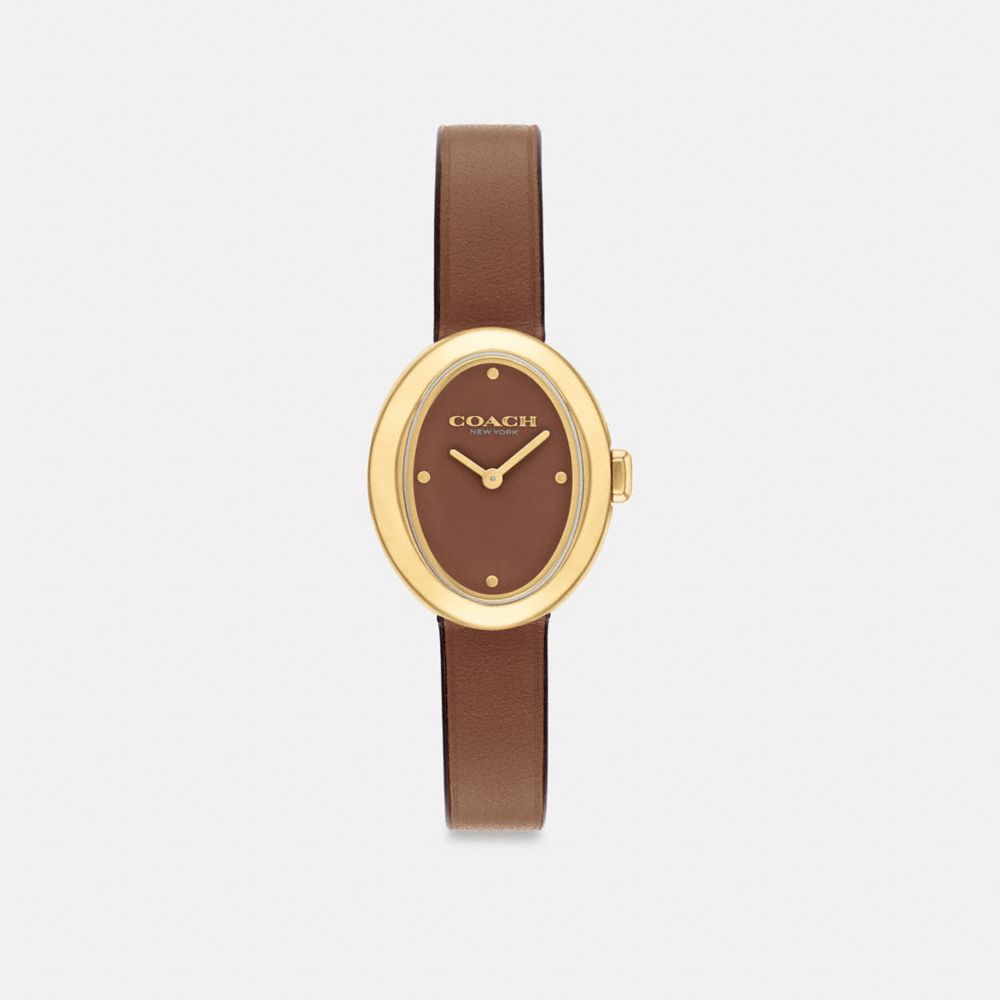 COACH®,Sammy Watch, 22 Mm,Analog,Leather,Lacquer,Quartz,Crystal,Word Embellishment,Logo,Water Resistant,Casual,Brown