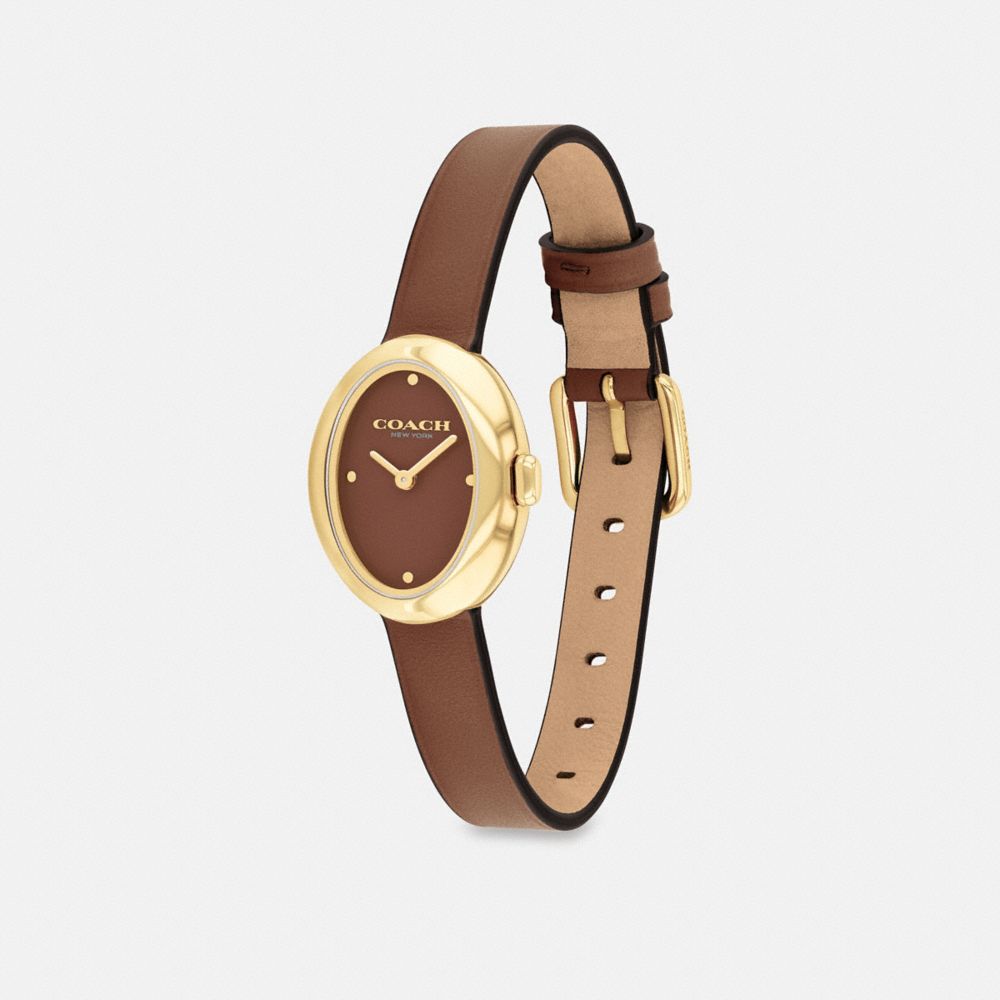 COACH®,Sammy Watch, 22 Mm,Analog,Leather,Lacquer,Quartz,Crystal,Word Embellishment,Logo,Water Resistant,Casual,Brown,Angle View