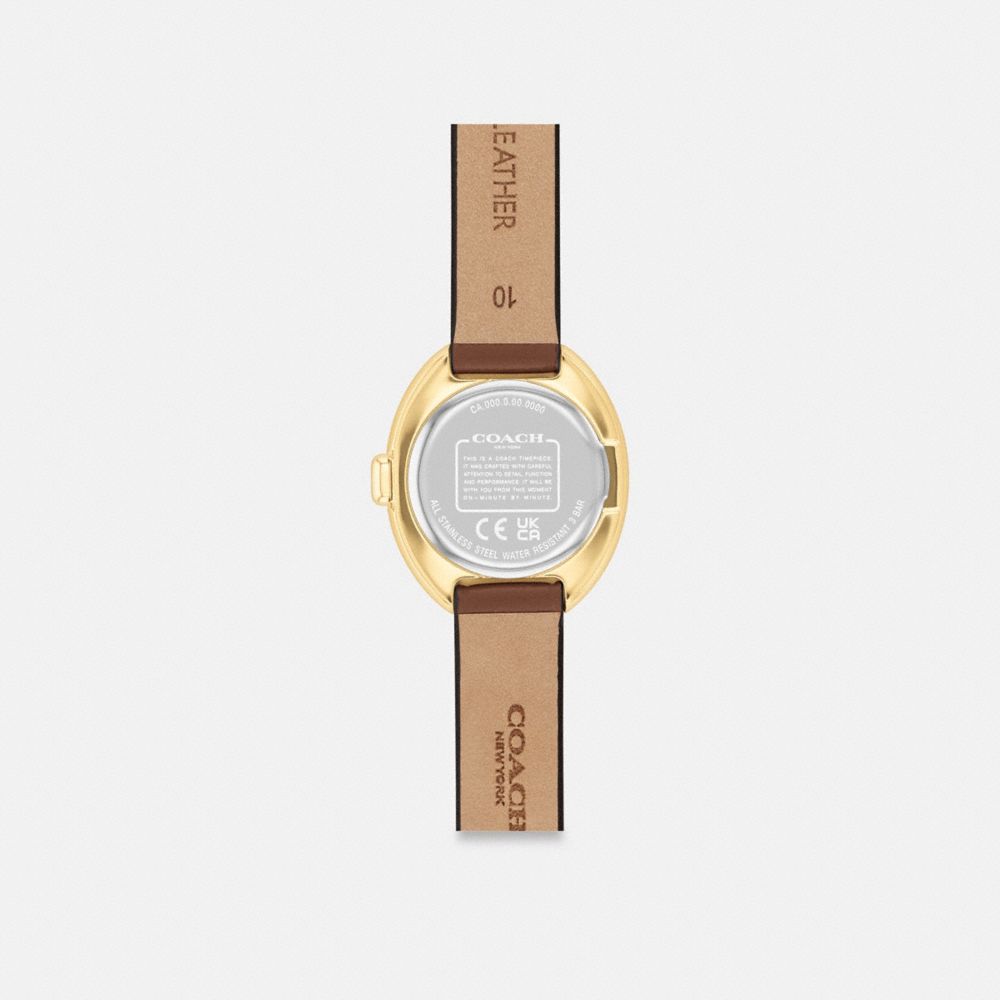 COACH®,Sammy Watch, 22 Mm,Analog,Leather,Lacquer,Quartz,Crystal,Word Embellishment,Logo,Water Resistant,Casual,Brown,Back View