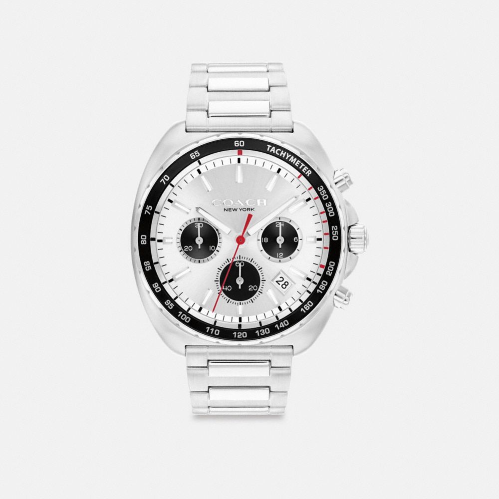 COACH®,Charter Chronograph Watch, 44 Mm,Analog,Quartz,Crystal,Word Embellishment,Logo,Water Resistant,Silver Metal,Silver ...,,Front View