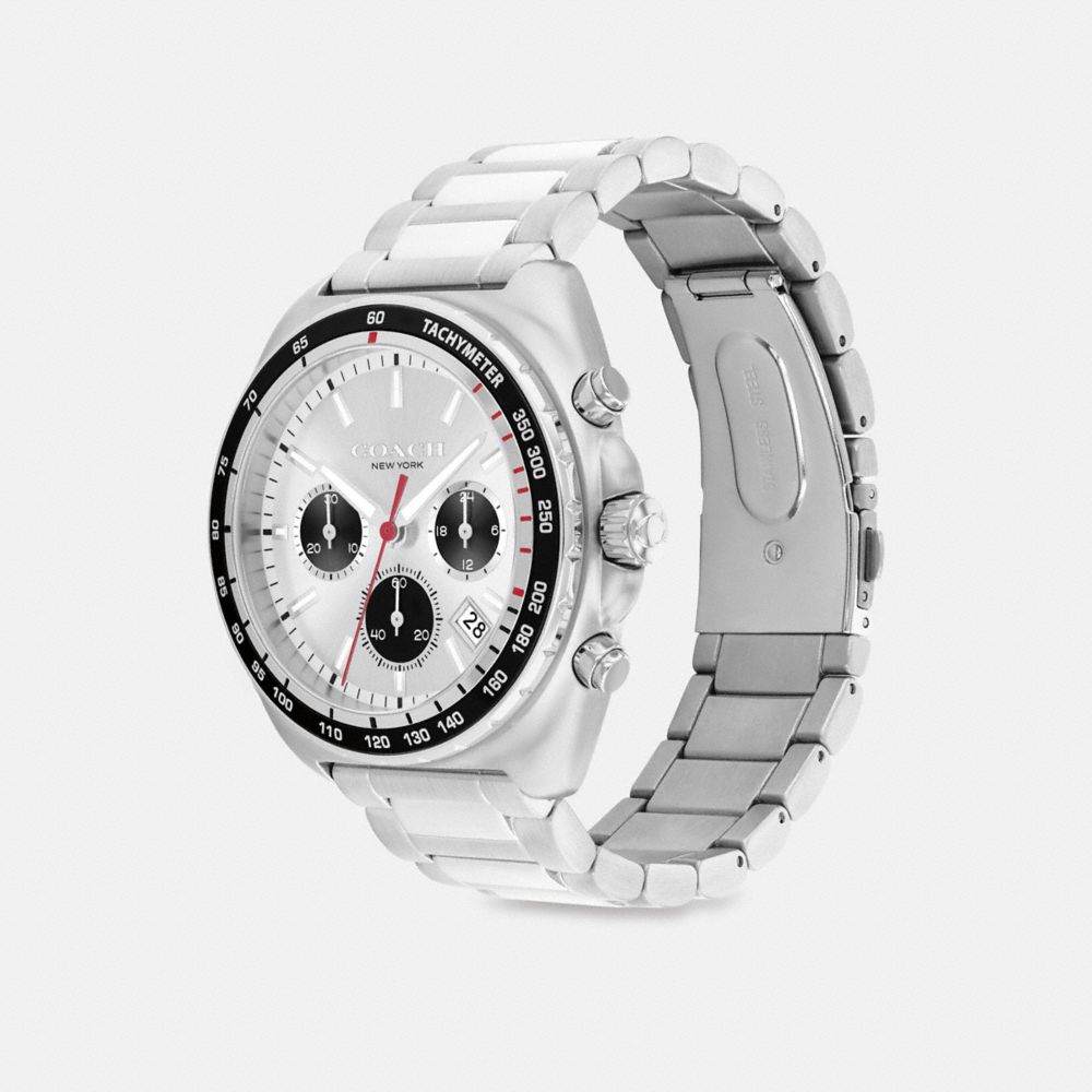 COACH®,Charter Chronograph Watch, 44 Mm,Analog,Quartz,Crystal,Word Embellishment,Logo,Water Resistant,Silver Metal,Silver ...,,Angle View