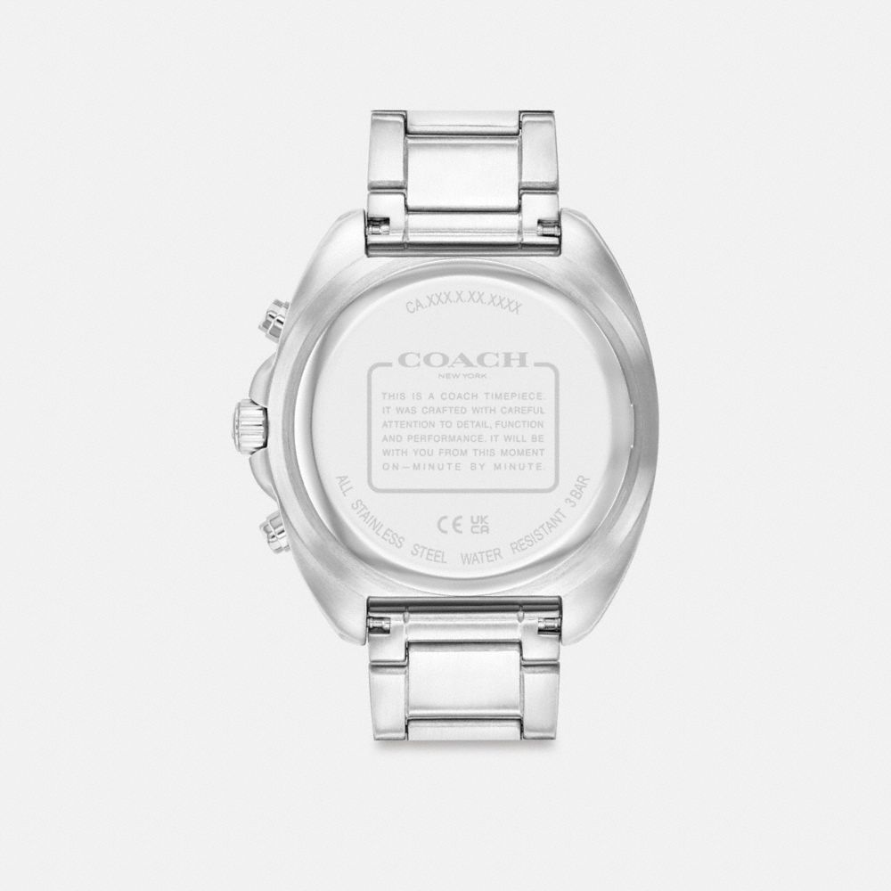 COACH®,Charter Chronograph Watch, 44 Mm,Analog,Quartz,Crystal,Word Embellishment,Logo,Water Resistant,Silver Metal,Silver ...,,Back View
