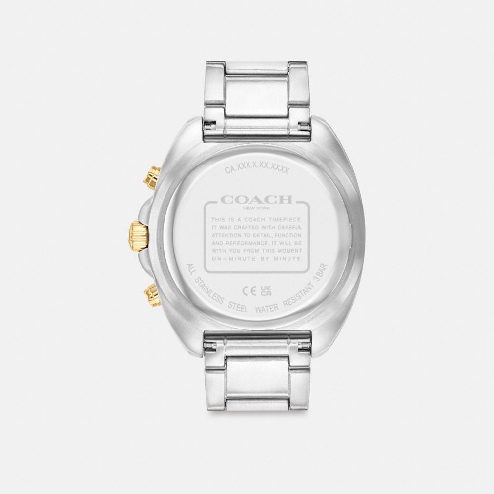 COACH®,Charter Chronograph Watch, 44 Mm,Analog,Crystal,Lacquer,Quartz,Logo,Word Embellishment,Water Resistant,Mixed Metal,...,,Back View
