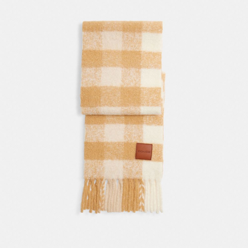 COACH®,Oversized Plaid Muffler With Leather Patch,Alpaca,Rectangle,Logo,Fringe,Applique,Casual,Multi Color,Front View