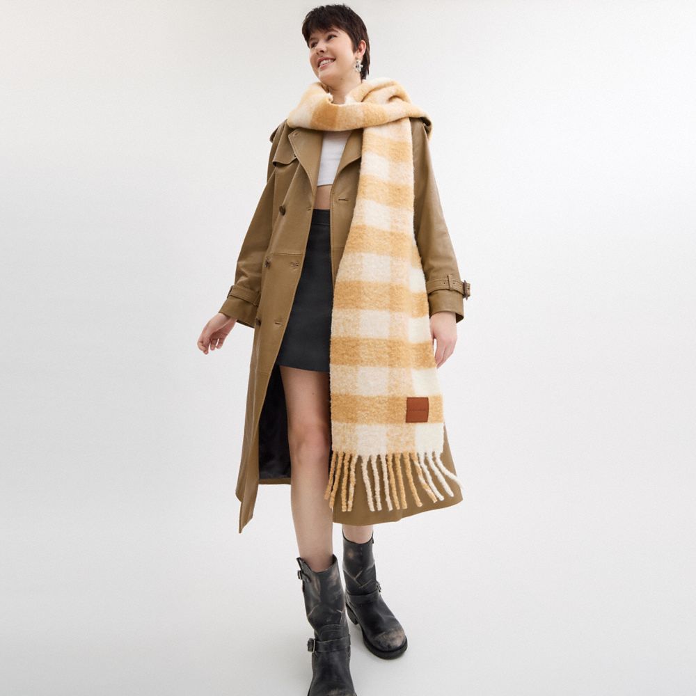 COACH®,Oversized Plaid Muffler With Leather Patch,Alpaca,Rectangle,Applique,Fringe,Logo,Casual,Multi Color,Detail View