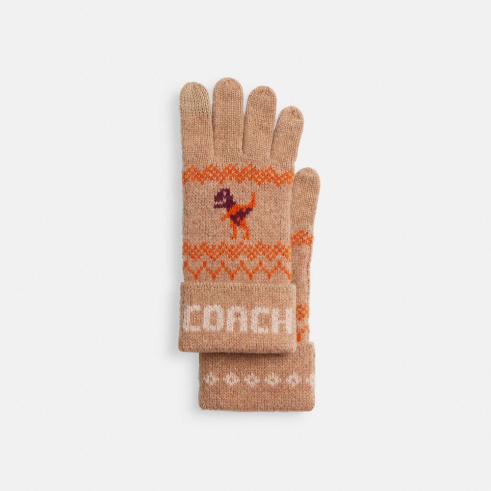 COACH®,Rexy Fair Isle Print Knit Gloves,Wool,Classic Gloves,Logo,Word Embellishment,Casual,Brown