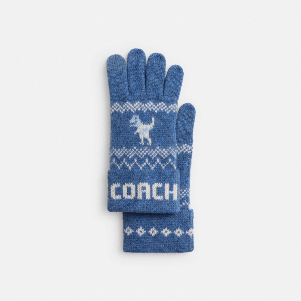 COACH®,Rexy Fair Isle Print Knit Gloves,Wool,Classic Gloves,Logo,Word Embellishment,Casual,Blue