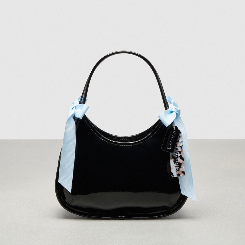 COACH®,Ergo Bag In Crinkle Patent Coachtopia Leather With Bows,Leather,Lining Leather,Polyester,Shoulder Bag,Logo,Bow,Day ...,Black,Front View