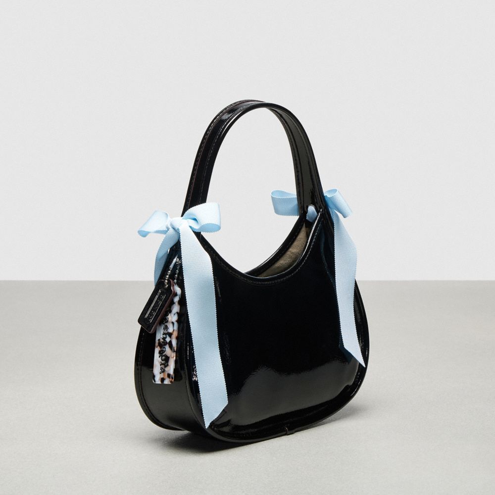 COACH®,Ergo Bag In Crinkle Patent Coachtopia Leather With Bows,Leather,Lining Leather,Polyester,Shoulder Bag,Logo,Bow,Day ...,Black,Angle View