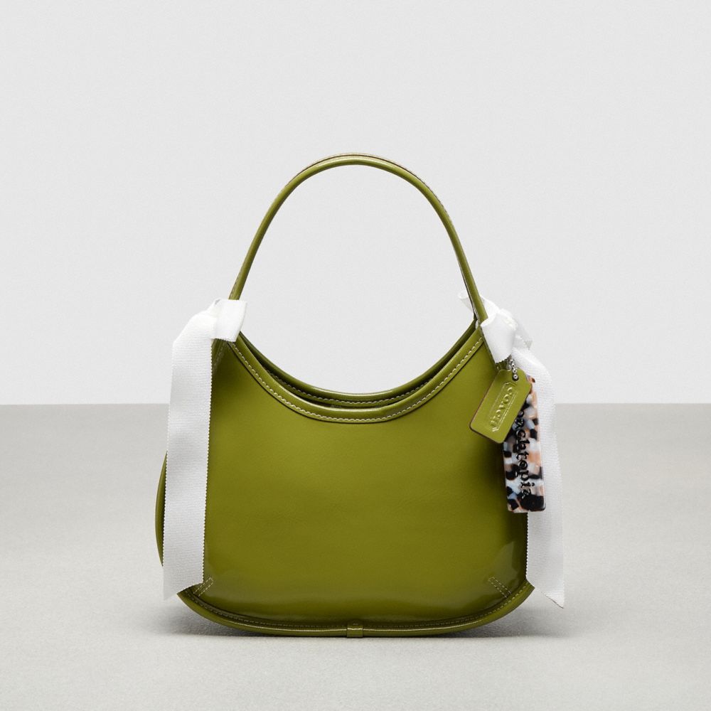 COACH®,Ergo Bag In Crinkle Patent Coachtopia Leather With Bows,Leather,Lining Leather,Polyester,Shoulder Bag,Logo,Bow,Day ...,Green,Front View