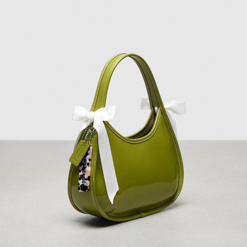 COACH®,Ergo Bag In Crinkle Patent Coachtopia Leather With Bows,Leather,Lining Leather,Polyester,Shoulder Bag,Logo,Bow,Day ...,Green,Angle View