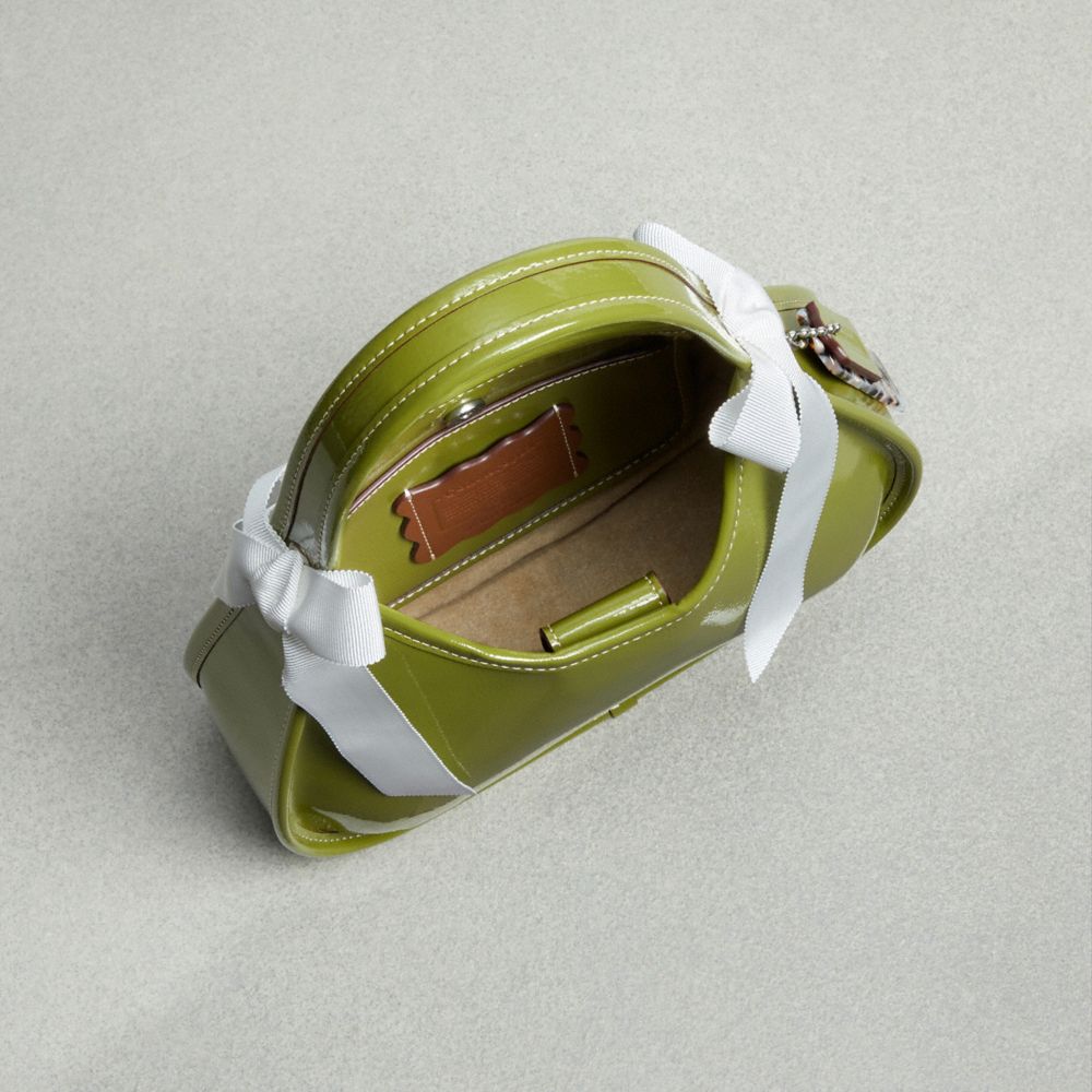 COACH®,Ergo Bag In Crinkle Patent Coachtopia Leather With Bows,Leather,Lining Leather,Polyester,Shoulder Bag,Logo,Bow,Day ...,Green,Inside View,Top View