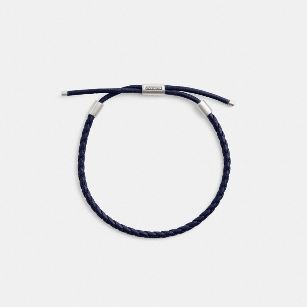 COACH®,Braided Leather Bracelet,Leather,Beaded,Logo,Braided,Sterling Silver,Casual,Navy,Inside View,Top View