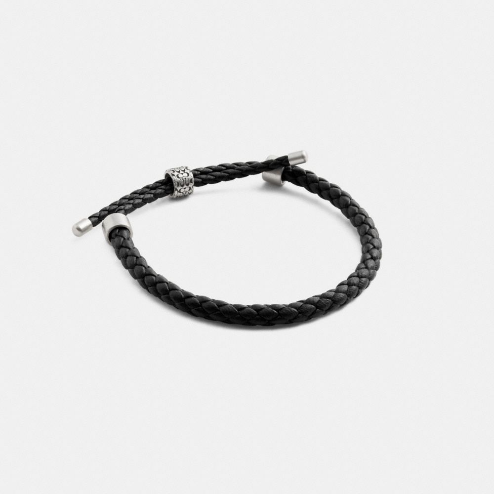 COACH®,Thick Braided Leather Bracelet,Leather,Beaded,Bead Embellishment,Logo,Metal,Braided,Sterling Silver,Casual,Black,Front View