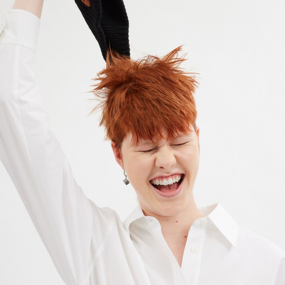 COACH®,Quilted Cube Huggie Earring,Huggies,Dangle Earring,Hoops,Logo,Sterling Silver,Casual,,Detail View