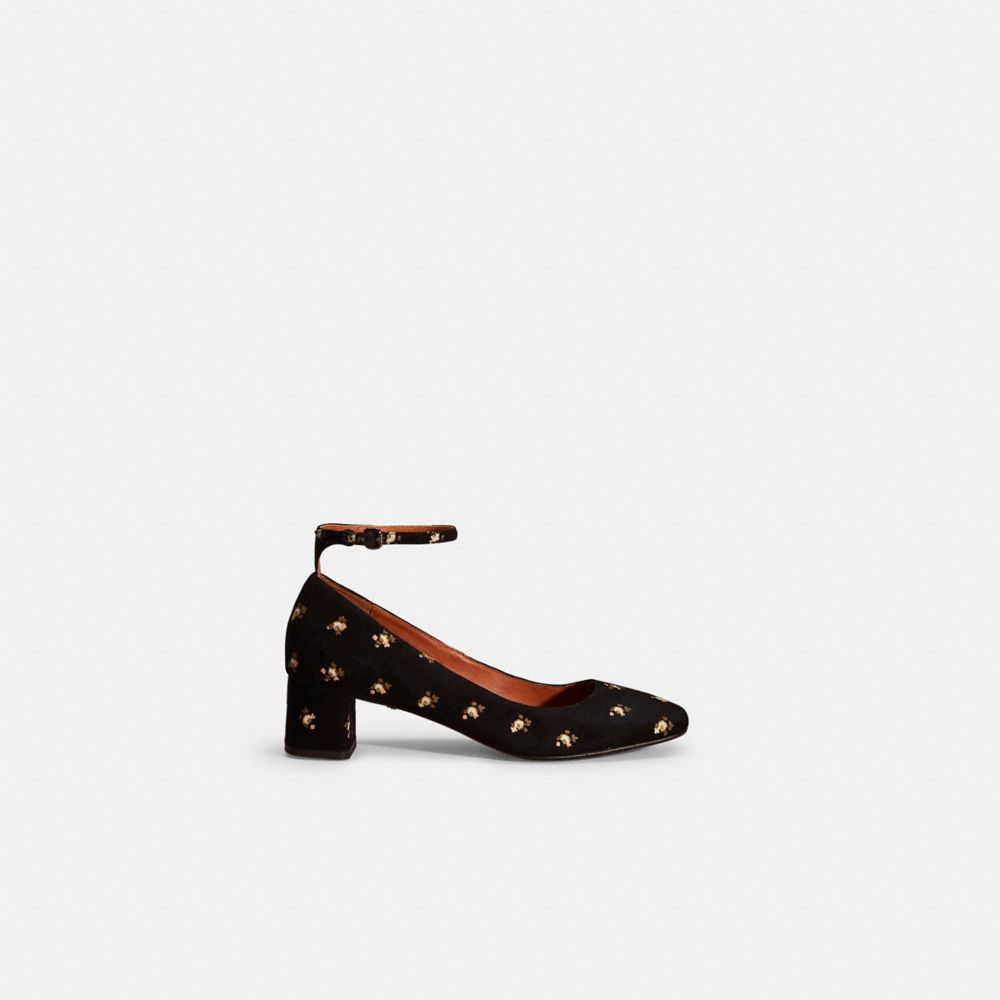 COACH®,Restored Ankle Strap Pump With Prairie Print,Lining Leather,Suede,Leather,Pumps,Day Party,Black,Front View