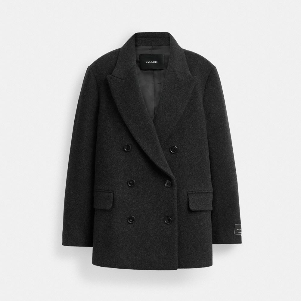 COACH®,Short Coat,Peacoat,Applique,Logo,Sustainable,Work,Black,Front View