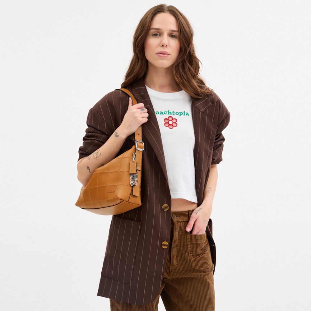 COACH®,Alter/Ego Slouchy Shoulder Bag In Checkerboard Upcrafted Leather,Recycled Polyester,Leather,Hobo,Logo,Word Embellis...,Brown,Detail View