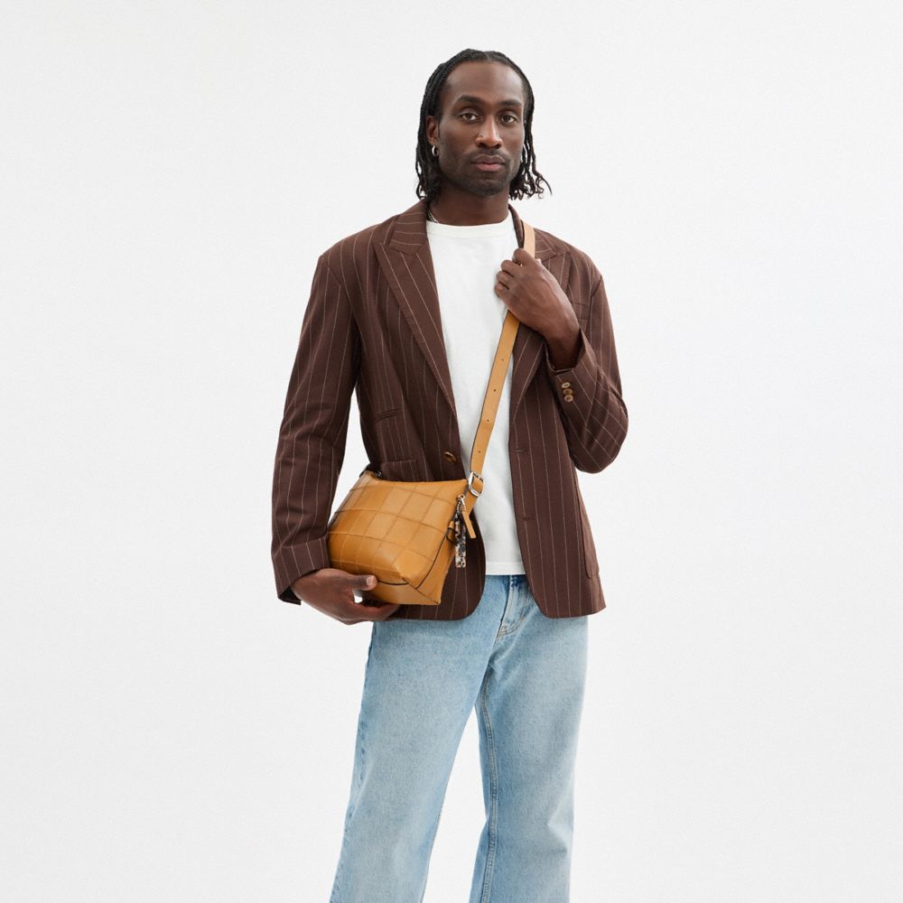 COACH®,Alter/Ego Slouchy Shoulder Bag In Checkerboard Upcrafted Leather,Recycled Polyester,Leather,Hobo,Logo,Word Embellis...,Brown,Detail View