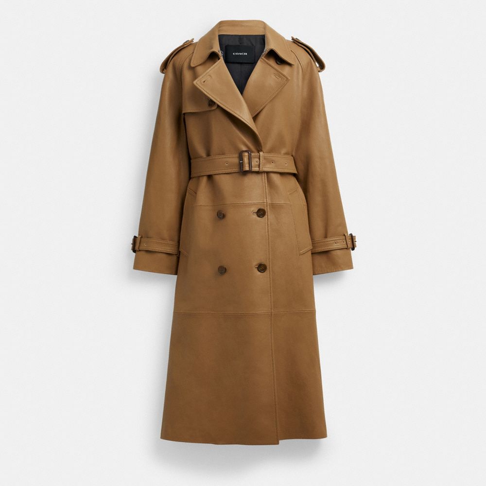 COACH®,Leather Double Breasted Trench Coat,Trench,Button,Work,Brown,Front View