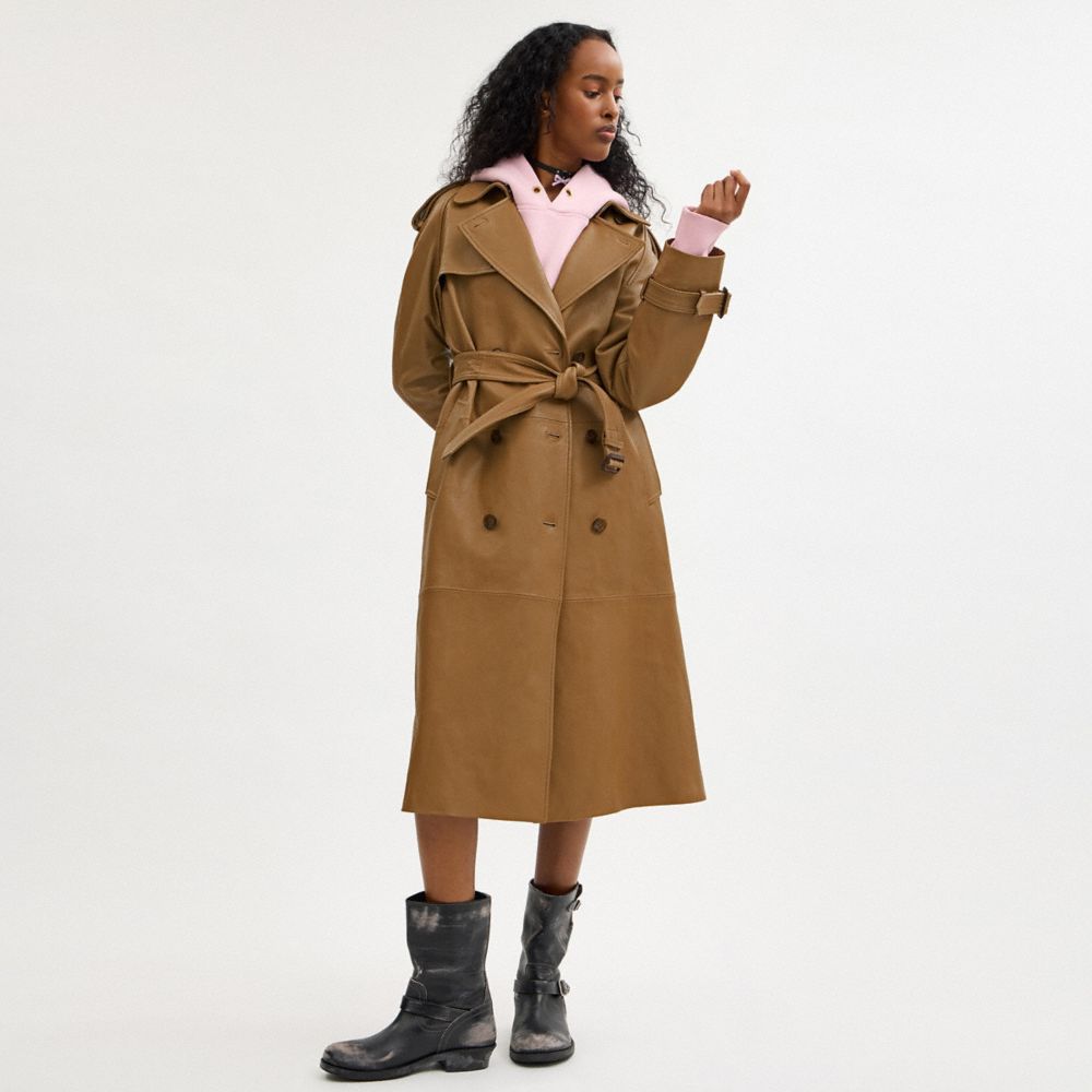 COACH®,Leather Double Breasted Trench Coat,Trench,Button,Work,Brown,Scale View