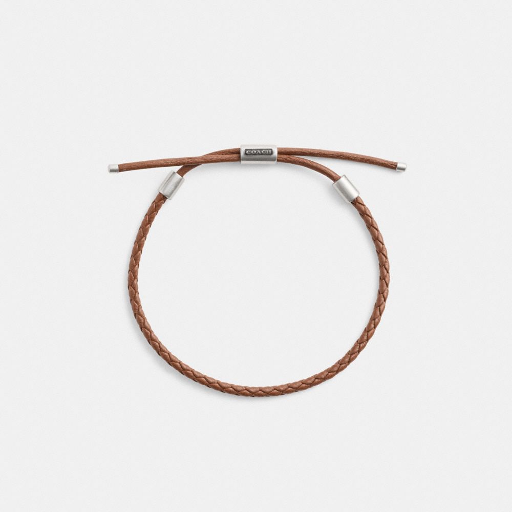 COACH®,Braided Leather Bracelet,Leather,Beaded,Metal,Logo,Braided,Sterling Silver,Casual,Brown,Inside View,Top View