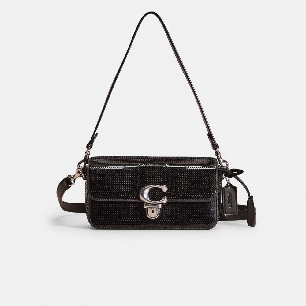 COACH®,Restored Studio Bag 20 With Sequins,Leather,Calf Hair,Shoulder Bag,Logo,Metal,Embellished,Sequin,Day Party,Black,Front View