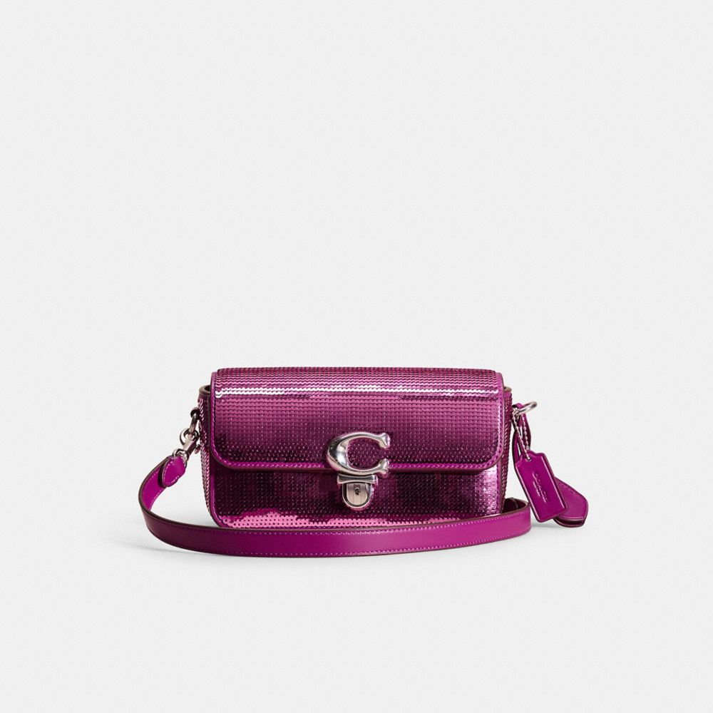 COACH®,Restored Studio Bag 20 With Sequins,Leather,Calf Hair,Shoulder Bag,Logo,Metal,Embellished,Sequin,Day Party,Fuchsia,Front View