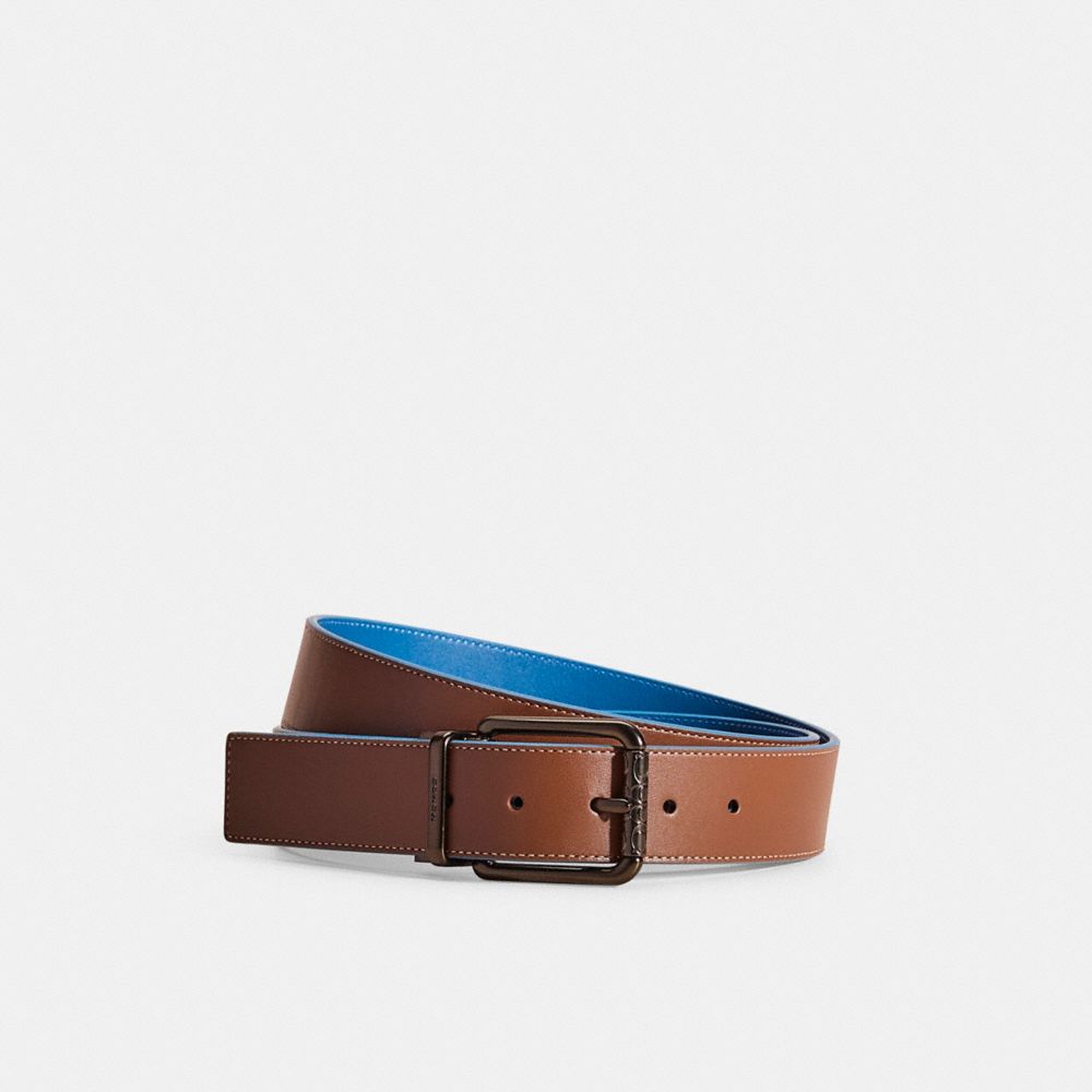 COACH®,Restored Roller Buckle Cut To Size Reversible Belt, 38 Mm,Standard,Engraved Detail,Logo,Reversible,Black Metal,Casual,Multi Color,Front View