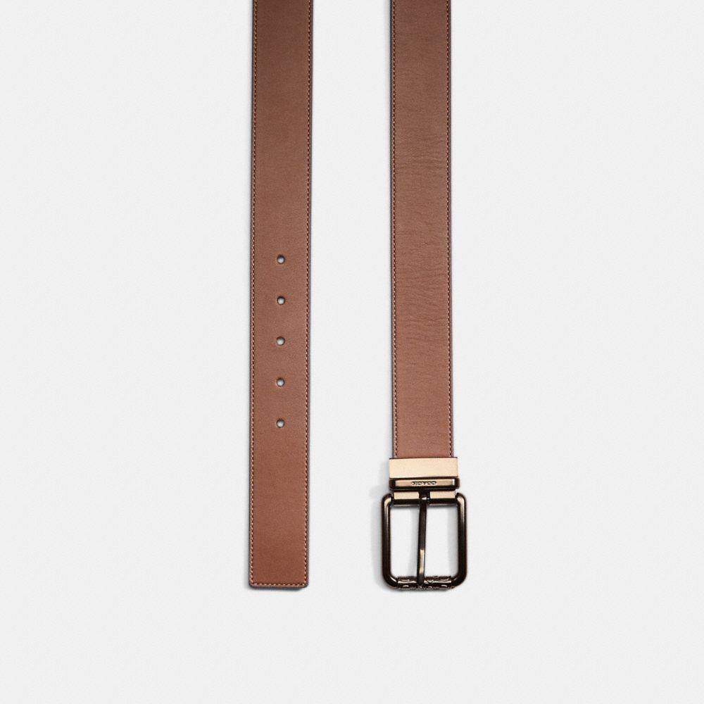 COACH®,Restored Roller Buckle Cut To Size Reversible Belt, 38 Mm,Standard,Engraved Detail,Logo,Reversible,Black Metal,Casual,Multi Color,Closer View
