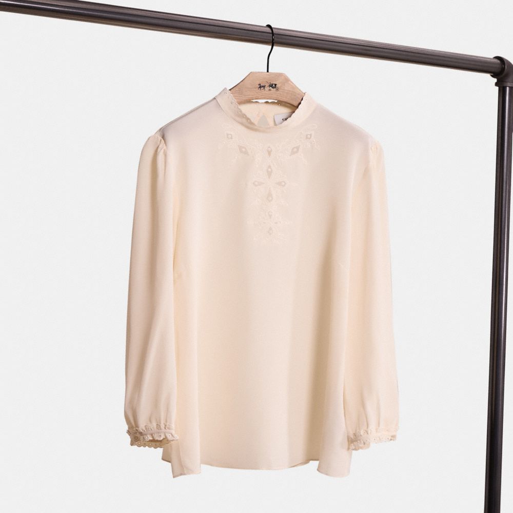 COACH®,Restored Embroidered Top,Silk,Blouse,Eyelet,Frills,Embroidered,Day Party,Cream,Front View