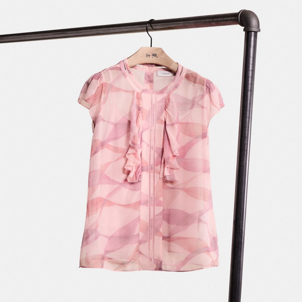 COACH®,Restored Printed Ruffle Blouse,Silk,Blouse,Ladder Trim,Sheer,Ruffles,Day Party,Multi Color,Front View