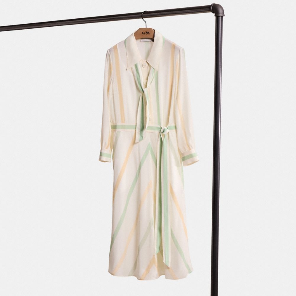 COACH®,Restored Twenties Shirt Dress,Polyester,Silk,Shirt Dress,Pattern,Tie Belt,Day Party,Cream,Front View