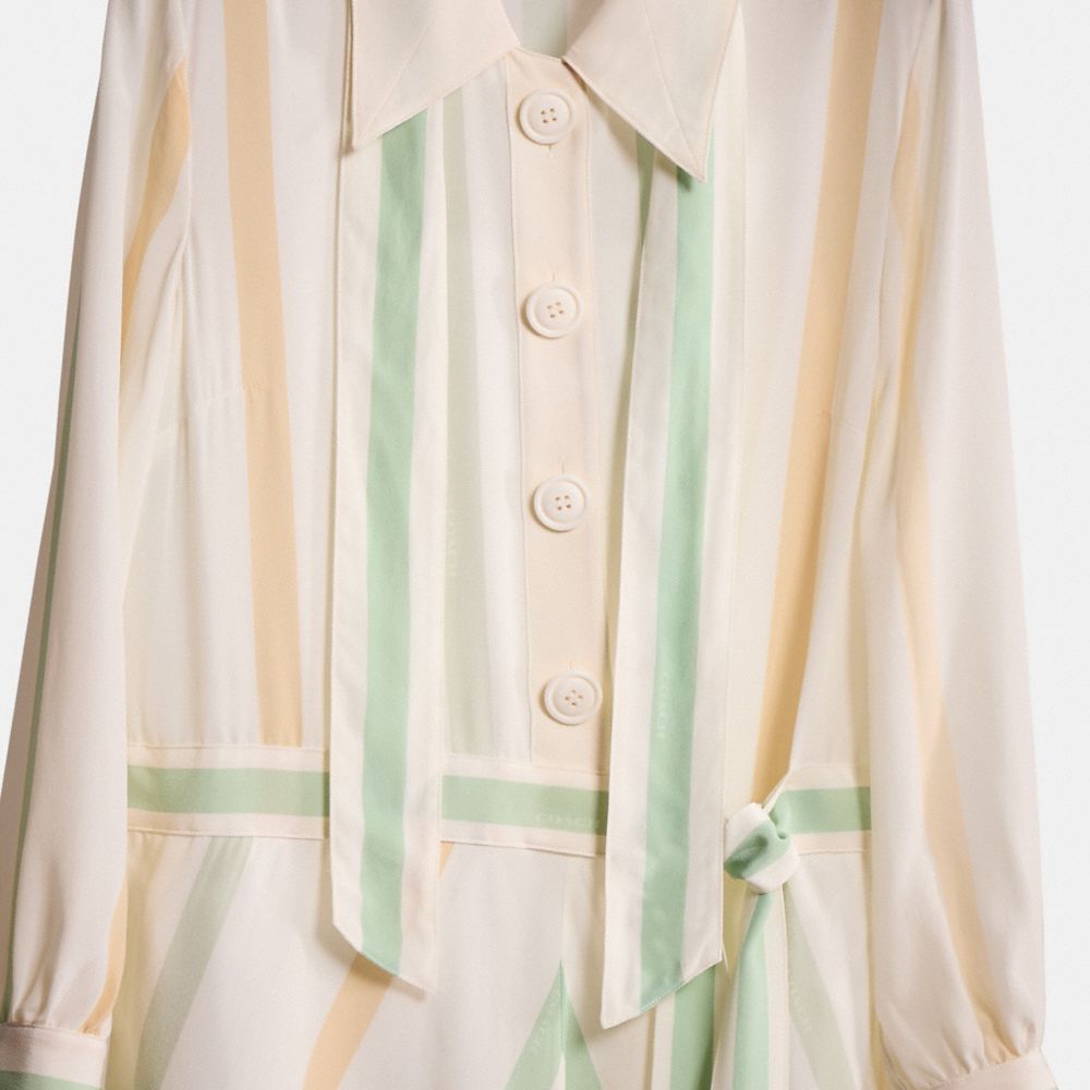 COACH®,Restored Twenties Shirt Dress,Polyester,Silk,Shirt Dress,Pattern,Tie Belt,Day Party,Cream,Scale View