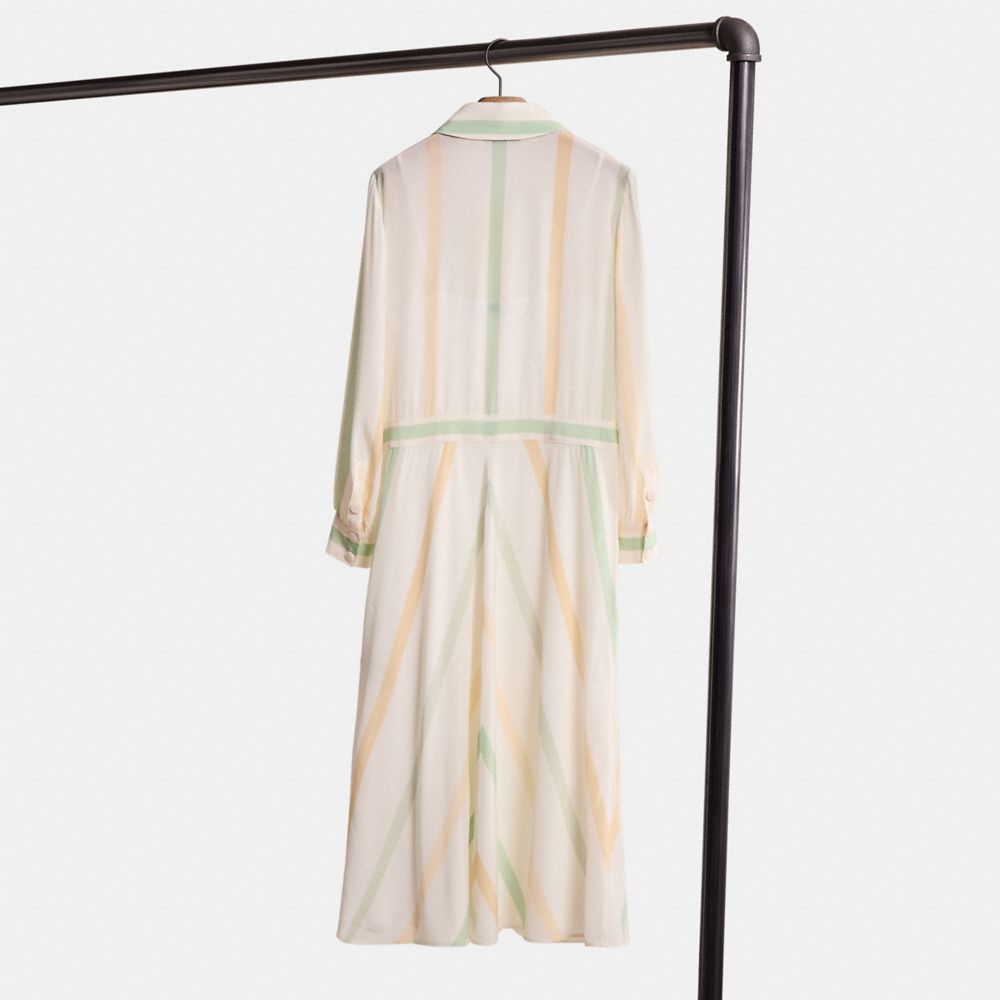 COACH®,Restored Twenties Shirt Dress,Polyester,Silk,Shirt Dress,Pattern,Tie Belt,Day Party,Cream,Back View
