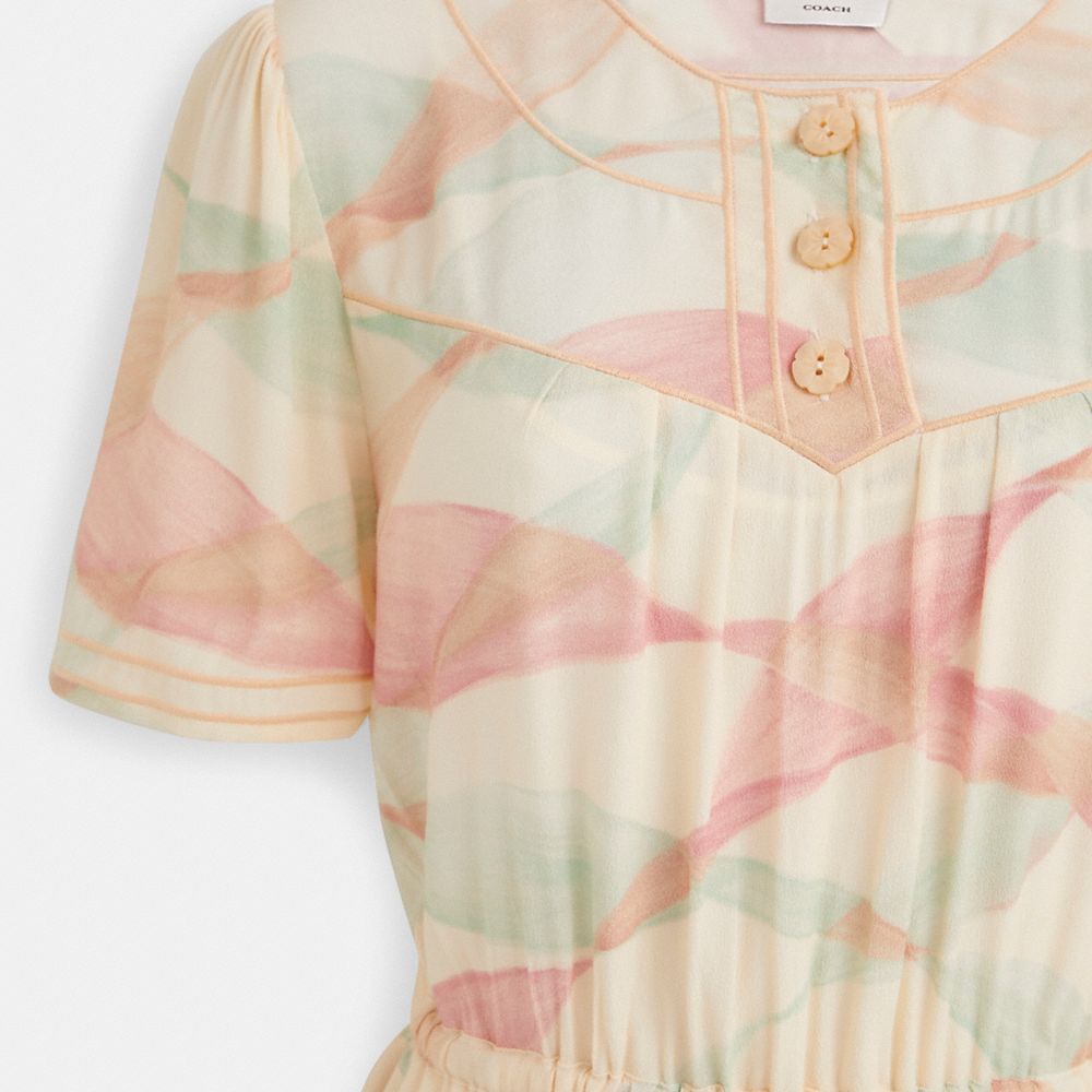 COACH®,Restored Trompe L'oeil Short Sleeve Dress,Polyester,Elastic Waist,A-Line,Embroidered,Drawstring,Casual,Multi Color,Scale View