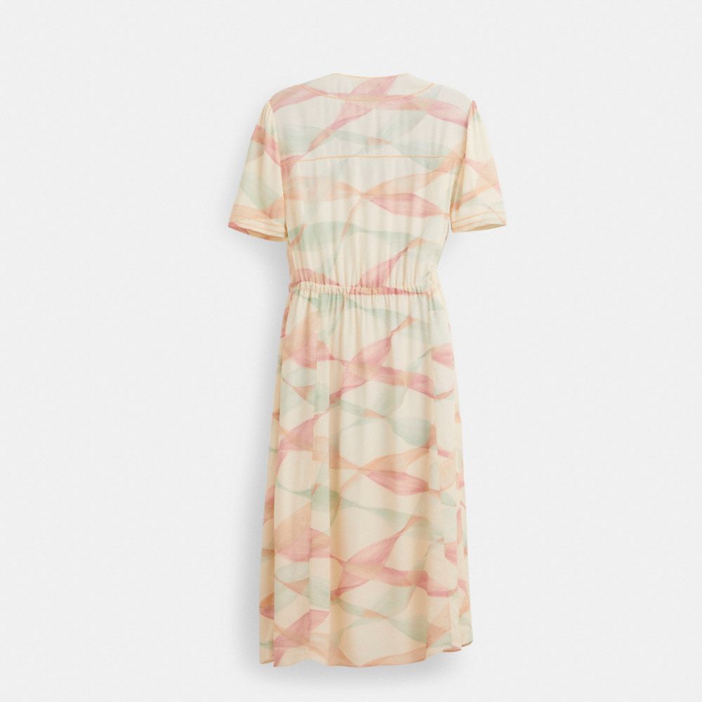 COACH®,Restored Trompe L'oeil Short Sleeve Dress,Polyester,Elastic Waist,A-Line,Embroidered,Drawstring,Casual,Multi Color,Back View